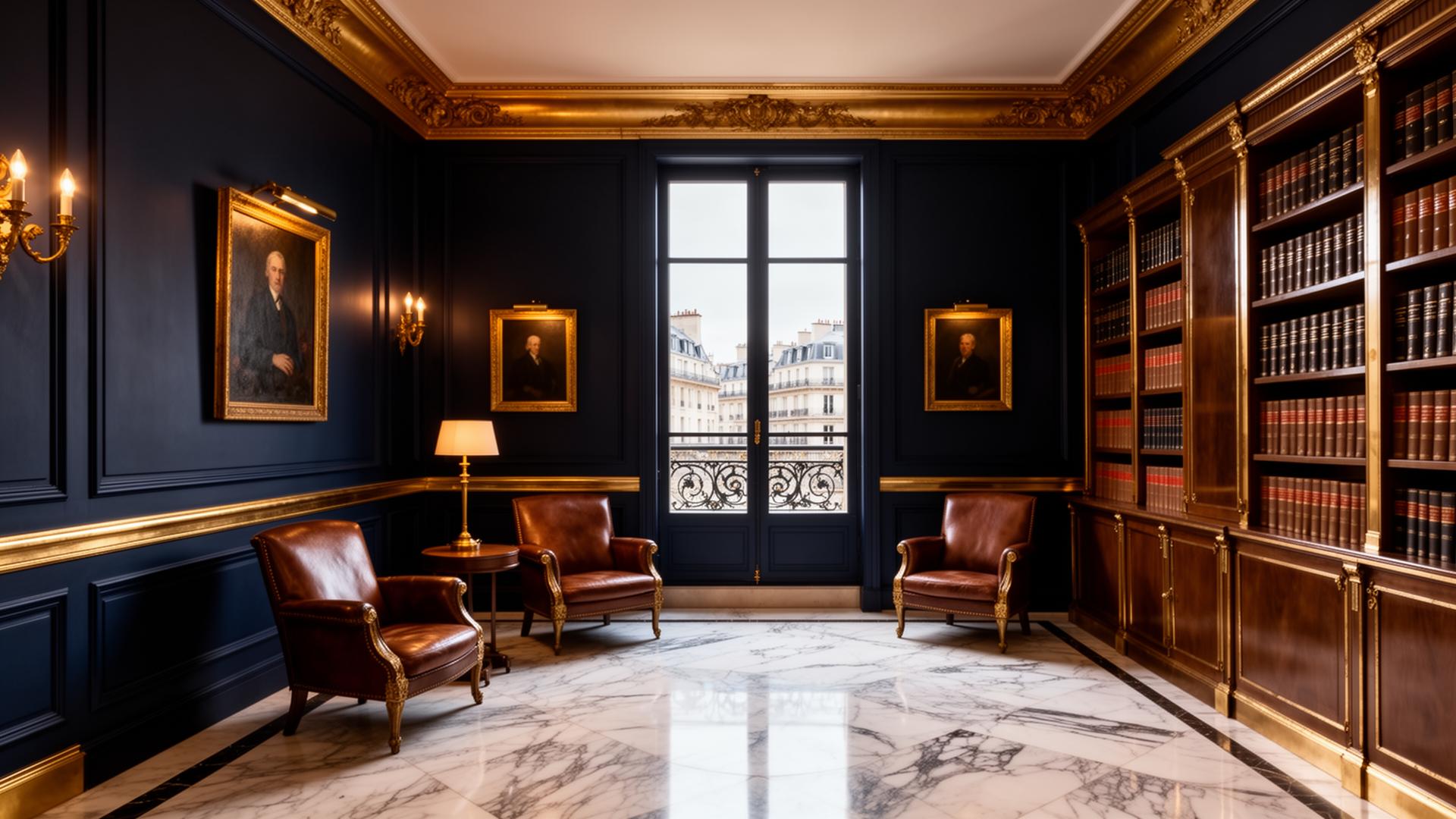 Cabinet juridique parisien — intérieur élégant bleu marine et or